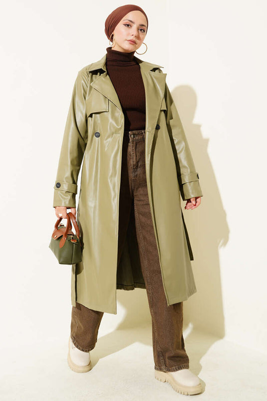 Single-Button Belted Leather Trench Coat in Almond Green