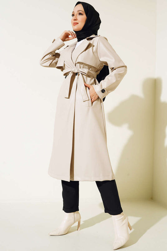 Single Button Belted Leather Trench Coat Cream