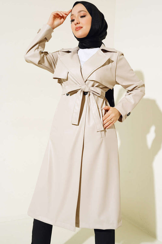 Single Button Belted Leather Trench Coat Cream