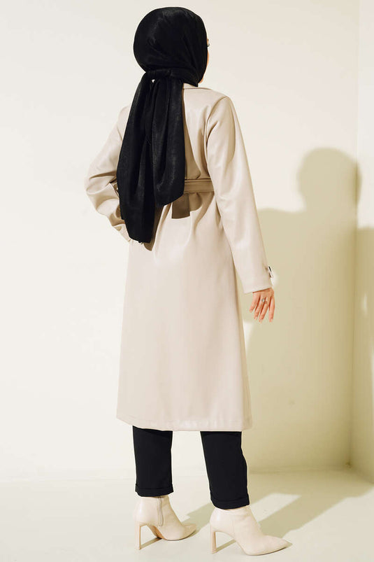 Single Button Belted Leather Trench Coat Cream