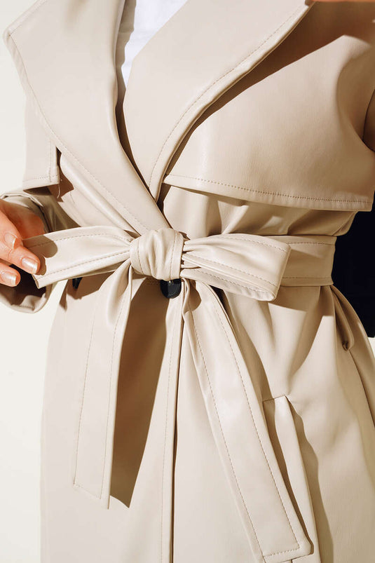 Single Button Belted Leather Trench Coat Cream