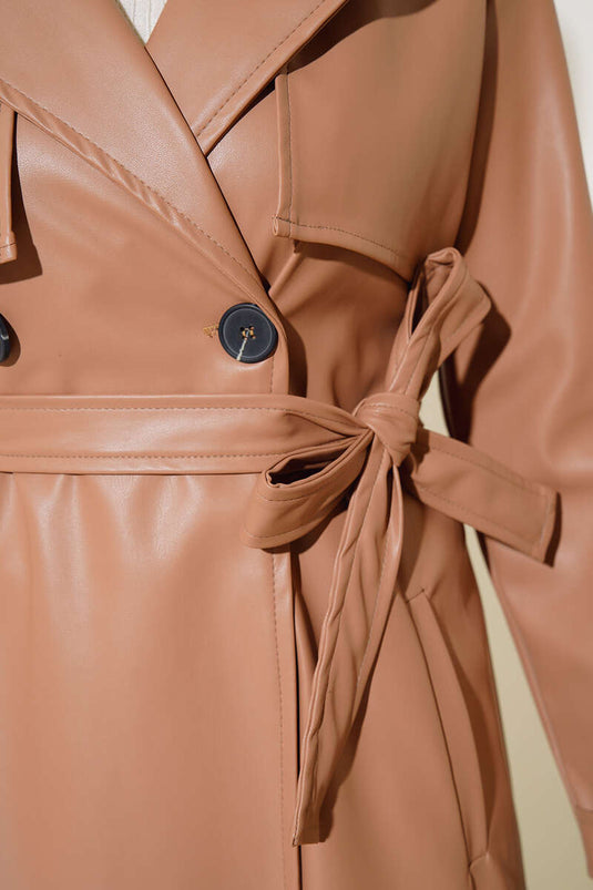 Tek Düğmeli Kuşaklı Deri Trençkot Latte