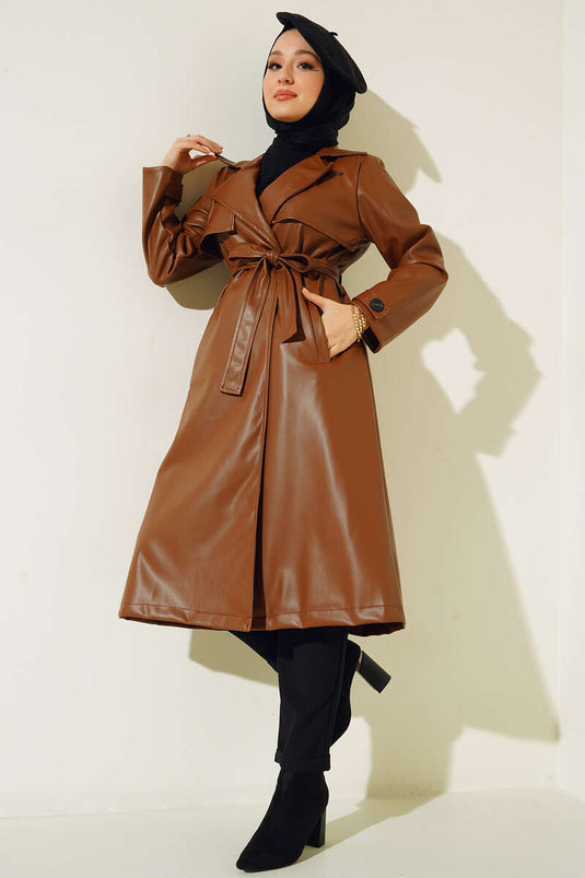 Trench in pelle con cintura e bottone singolo Marrone chiaro