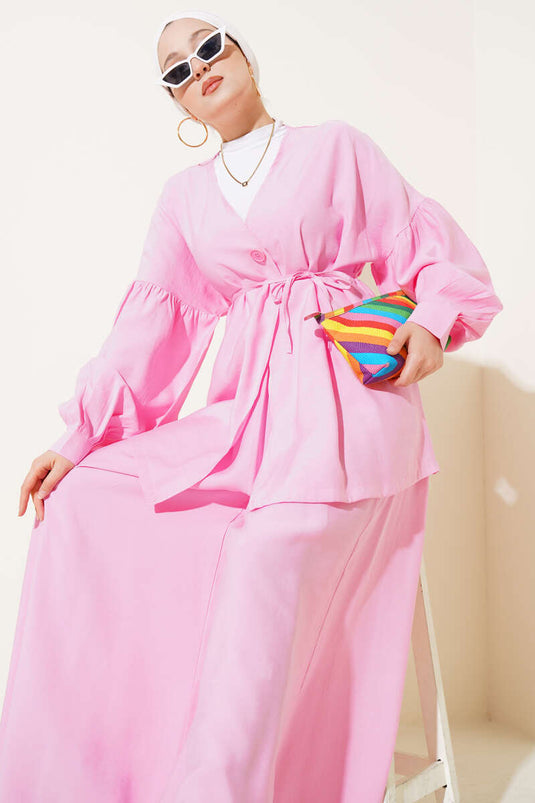 Tek Düğmeli Kuşaklı Oversize İkili Takım Pembe