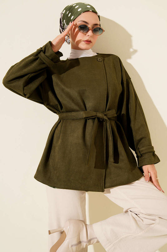 جاكيت من جلد الغزال بحزام بزر واحد، لون كاكي