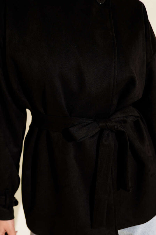 جاكيت من جلد الغزال بحزام بزر واحد أسود