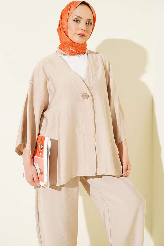 Tek Düğmeli Tensel Kimono İkili Takım Bej