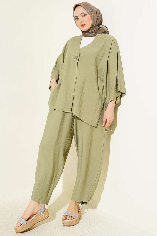 Tek Düğmeli Tensel Kimono İkili Takım Çağla Yeşili