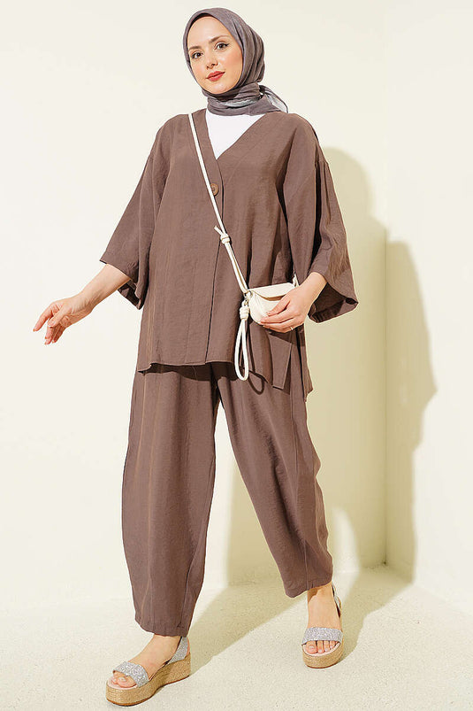 Tek Düğmeli Tensel Kimono İkili Takım Kahve