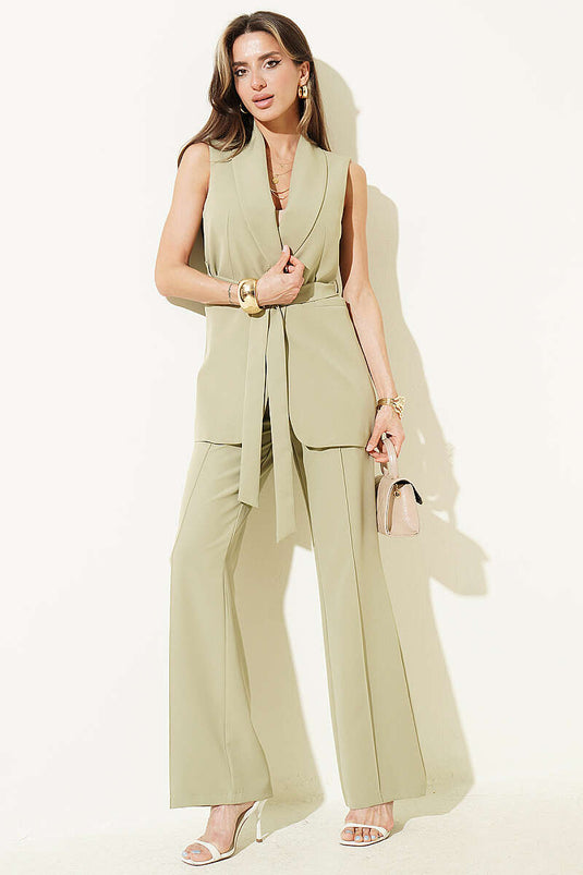 Ensemble deux pièces avec gilet long à un bouton kaki