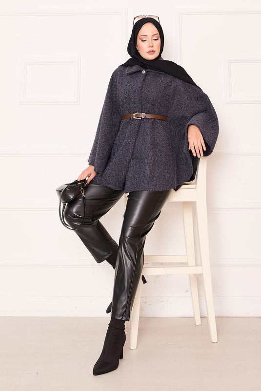 Single Button and Belted Poncho Anthracite