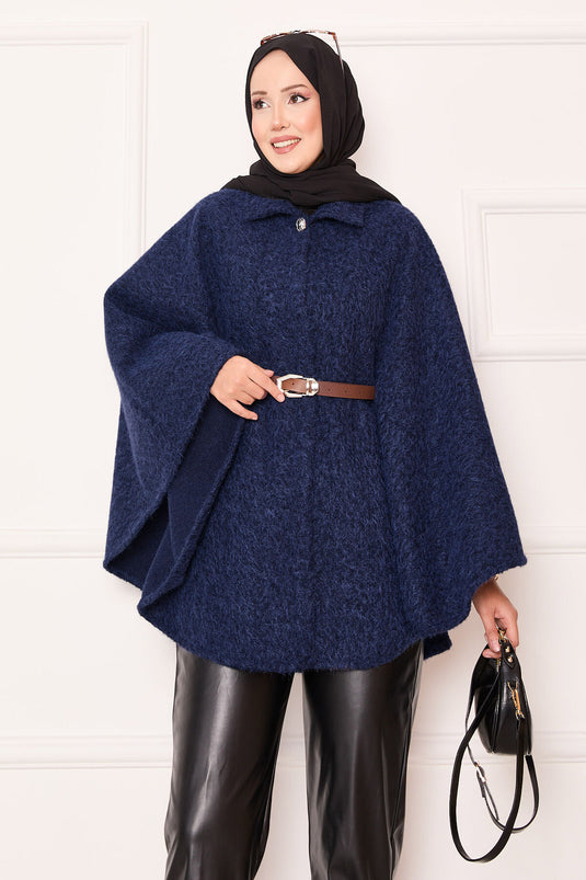 Single Button and Belted Poncho Navy Blue