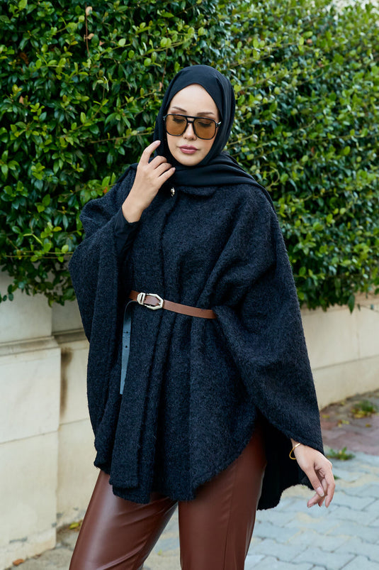 Tek Düğmeli Ve Kemerli Panço Siyah