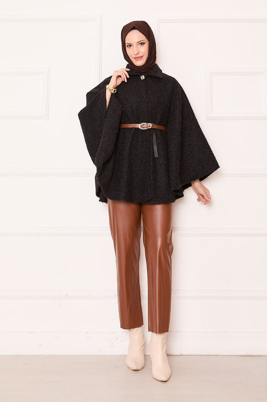 Tek Düğmeli Ve Kemerli Panço Siyah