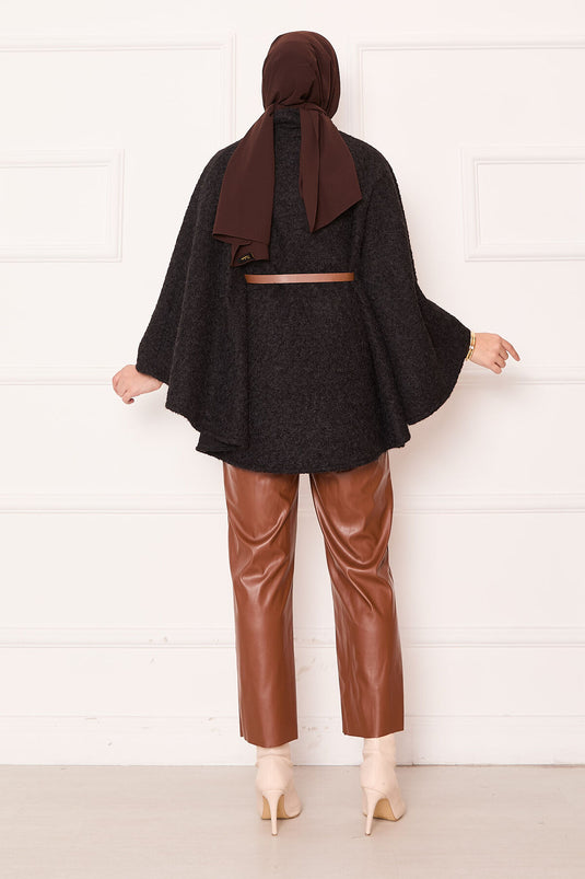 Tek Düğmeli Ve Kemerli Panço Siyah