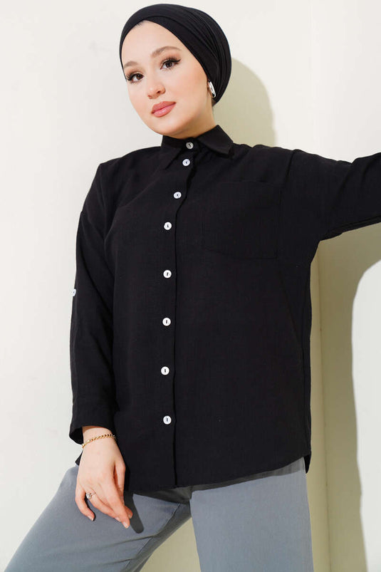 Single Chest Pocket Basic Shirt Black