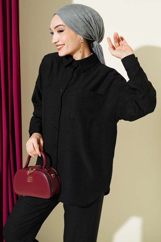 Two-Piece Set with Single Chest Pocket Shirt Black