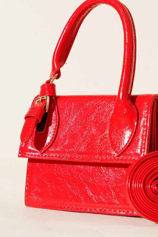 Patent Leather Bag with Single Belt Detail, Red