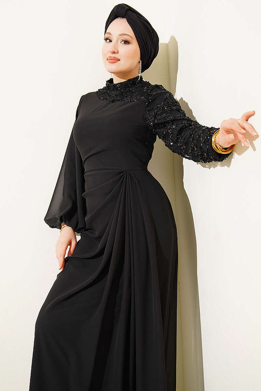 One-Shoulder Sequin Detail Evening Dress Black