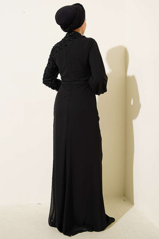 One-Shoulder Sequin Detail Evening Dress Black