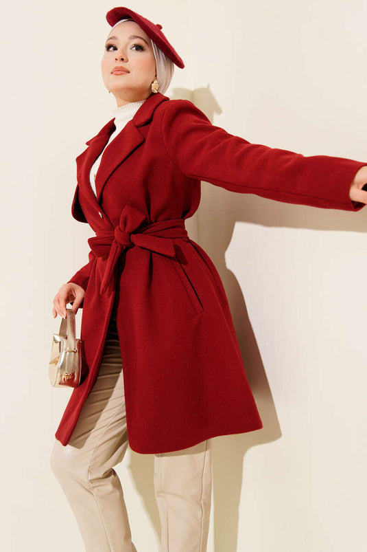 Burgundy One-Shoulder Epaulette Button-Detailed Kaşe Coat