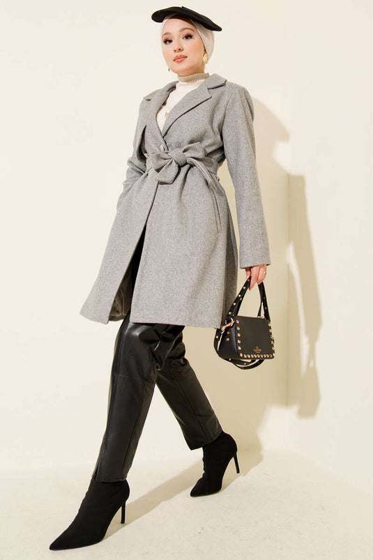 Single-Shoulder Epaulette Button-Detailed Kaşe Coat Grey