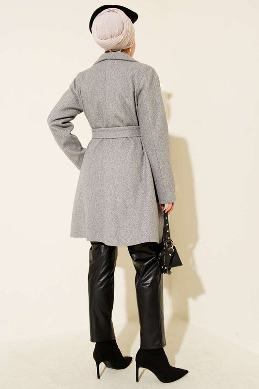 Single-Shoulder Epaulette Button-Detailed Kaşe Coat Grey