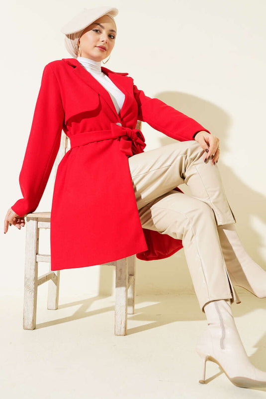 Tek Omuz Apoletli Düğme Detaylı Kaşe Kaban Kırmızı