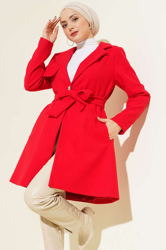 Tek Omuz Apoletli Düğme Detaylı Kaşe Kaban Kırmızı