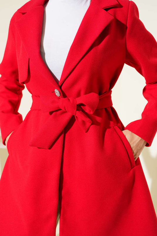 Tek Omuz Apoletli Düğme Detaylı Kaşe Kaban Kırmızı