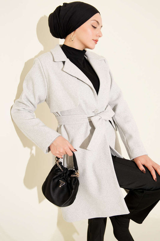 Tek Omuz Apoletli Düğme Detaylı Kaşe Kaban Melanj Gri