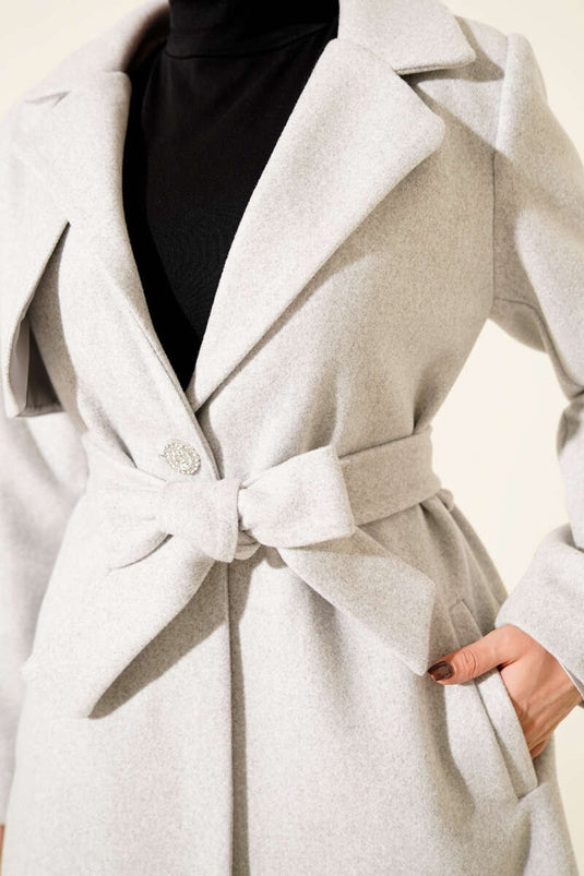 Tek Omuz Apoletli Düğme Detaylı Kaşe Kaban Melanj Gri