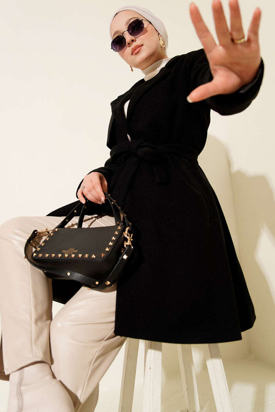 Black Single-Shoulder Epauletted Button-Detailed Kaşe Coat