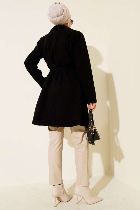 Black Single-Shoulder Epauletted Button-Detailed Kaşe Coat