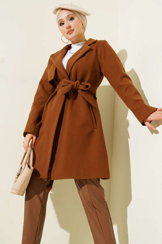 Single Shoulder Epaulette Button Detailed Cashmere Coat Tan