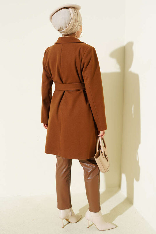 Single Shoulder Epaulette Button Detailed Cashmere Coat Tan