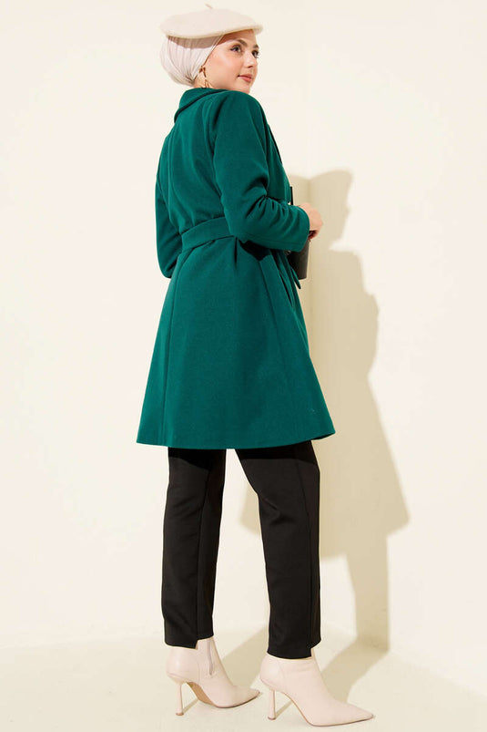 Tek Omuz Apoletli Düğme Detaylı Kaşe Kaban Zümrüt