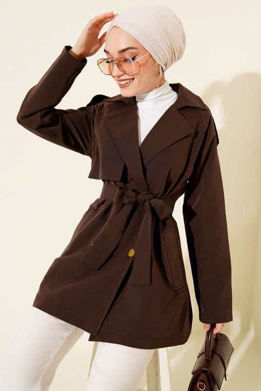 Trench-coat asymétrique à boutons et épaulettes, marron foncé