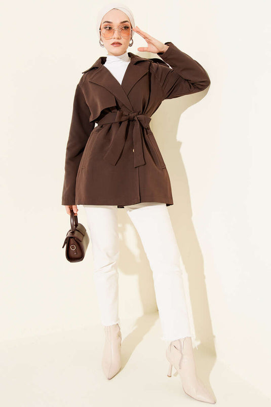 Trench-coat asymétrique à boutons et épaulettes, marron foncé