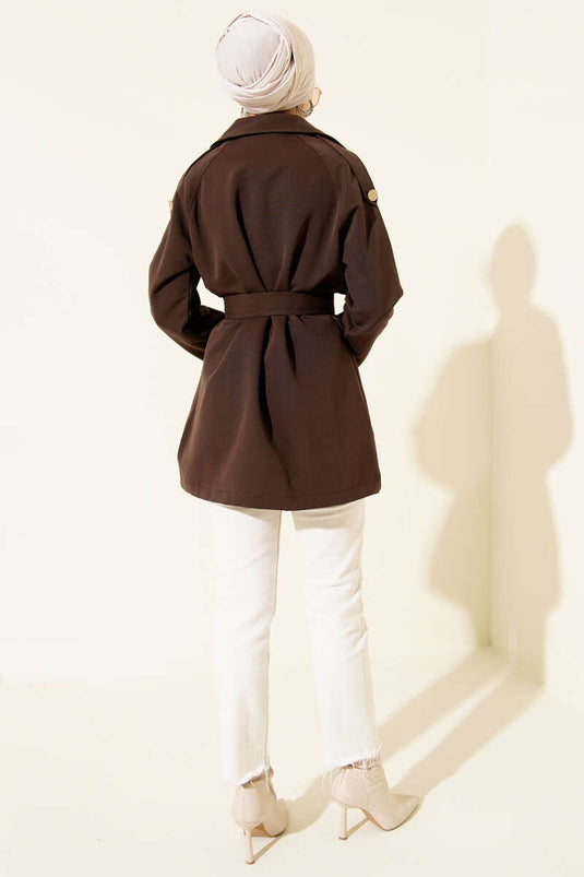 Trench-coat asymétrique à boutons et épaulettes, marron foncé