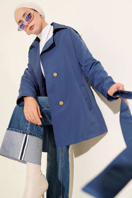 Indigo One-Shoulder Buttoned Trench Coat with Epaulets