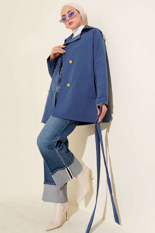 Indigo One-Shoulder Buttoned Trench Coat with Epaulets