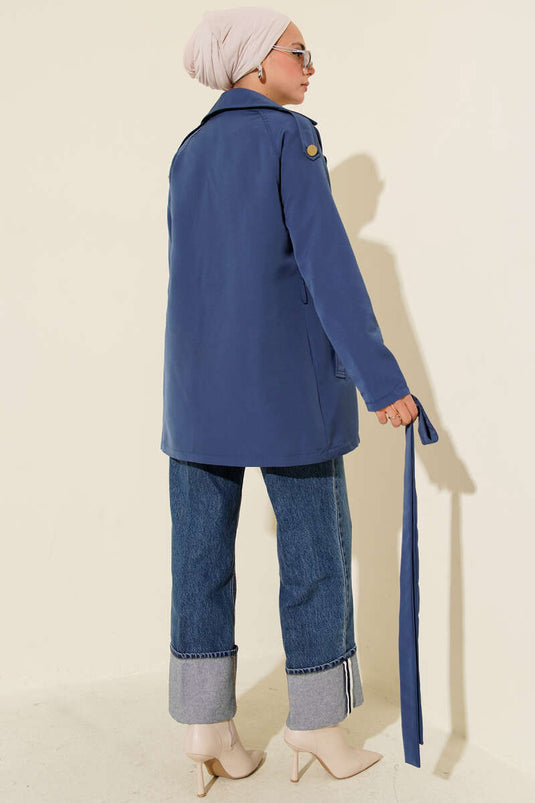 Indigo One-Shoulder Buttoned Trench Coat with Epaulets