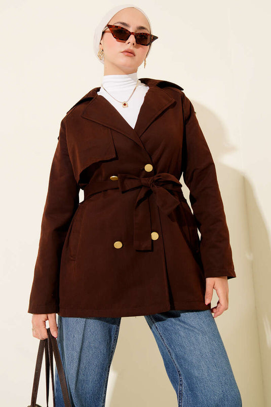 Chestnut One-Shoulder Epaulette Buttoned Trench Coat