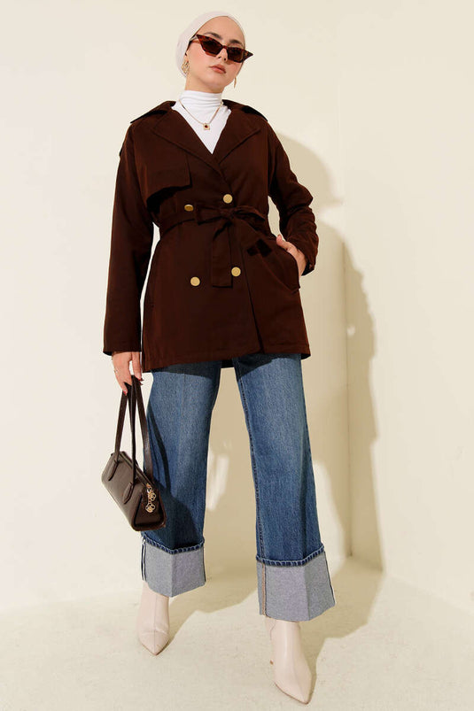 Chestnut One-Shoulder Epaulette Buttoned Trench Coat