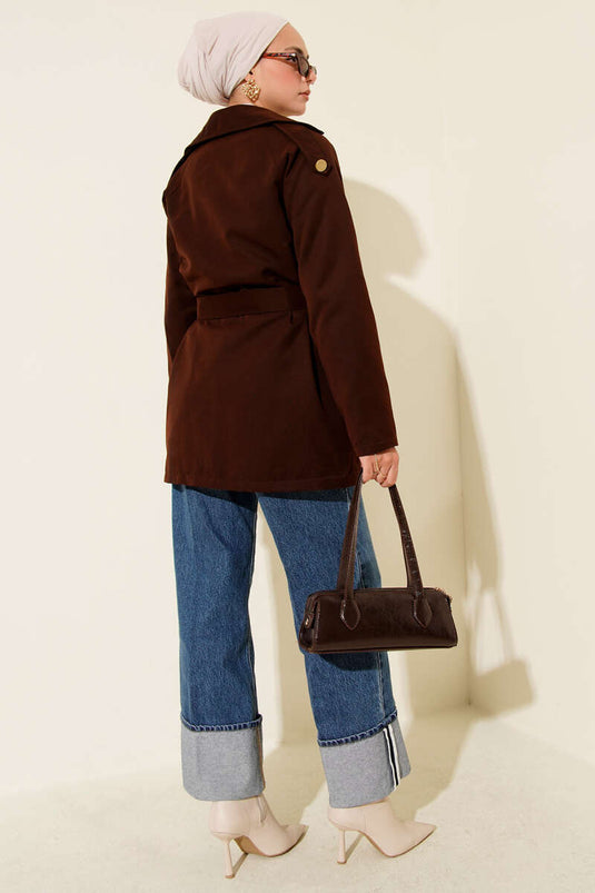 Chestnut One-Shoulder Epaulette Buttoned Trench Coat