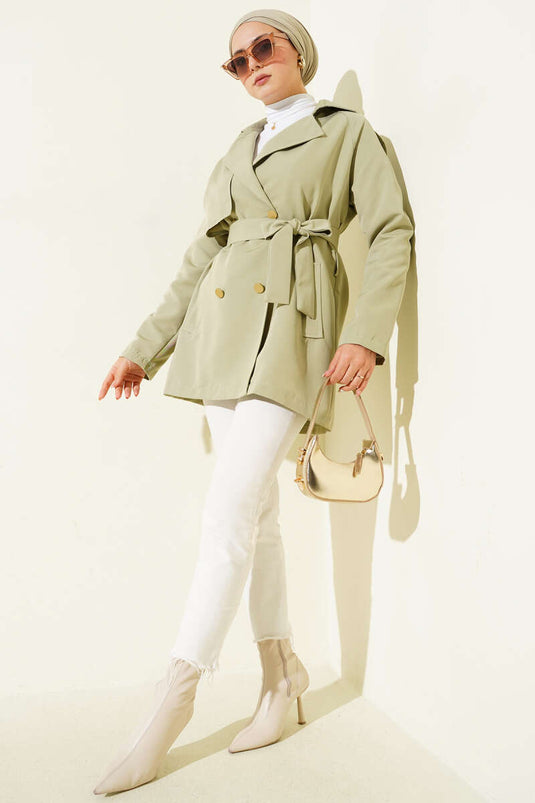 Tek Omuz Apoletli Düğmeli Trençkot Su Yeşili