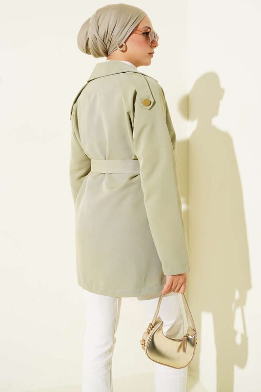 Tek Omuz Apoletli Düğmeli Trençkot Su Yeşili