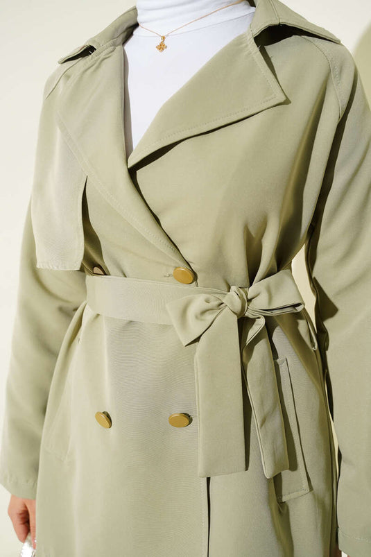 Tek Omuz Apoletli Düğmeli Trençkot Su Yeşili