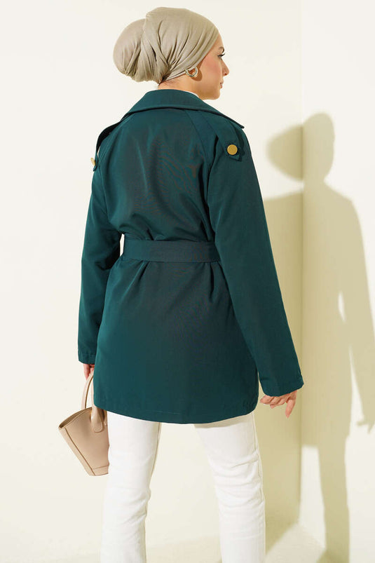 Tek Omuz Apoletli Düğmeli Trençkot Zümrüt
